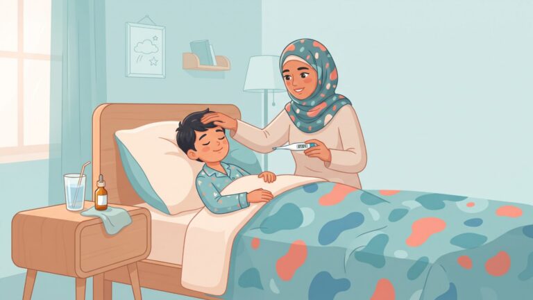 أم تتحقق من حرارة طفلها المريض في السرير
